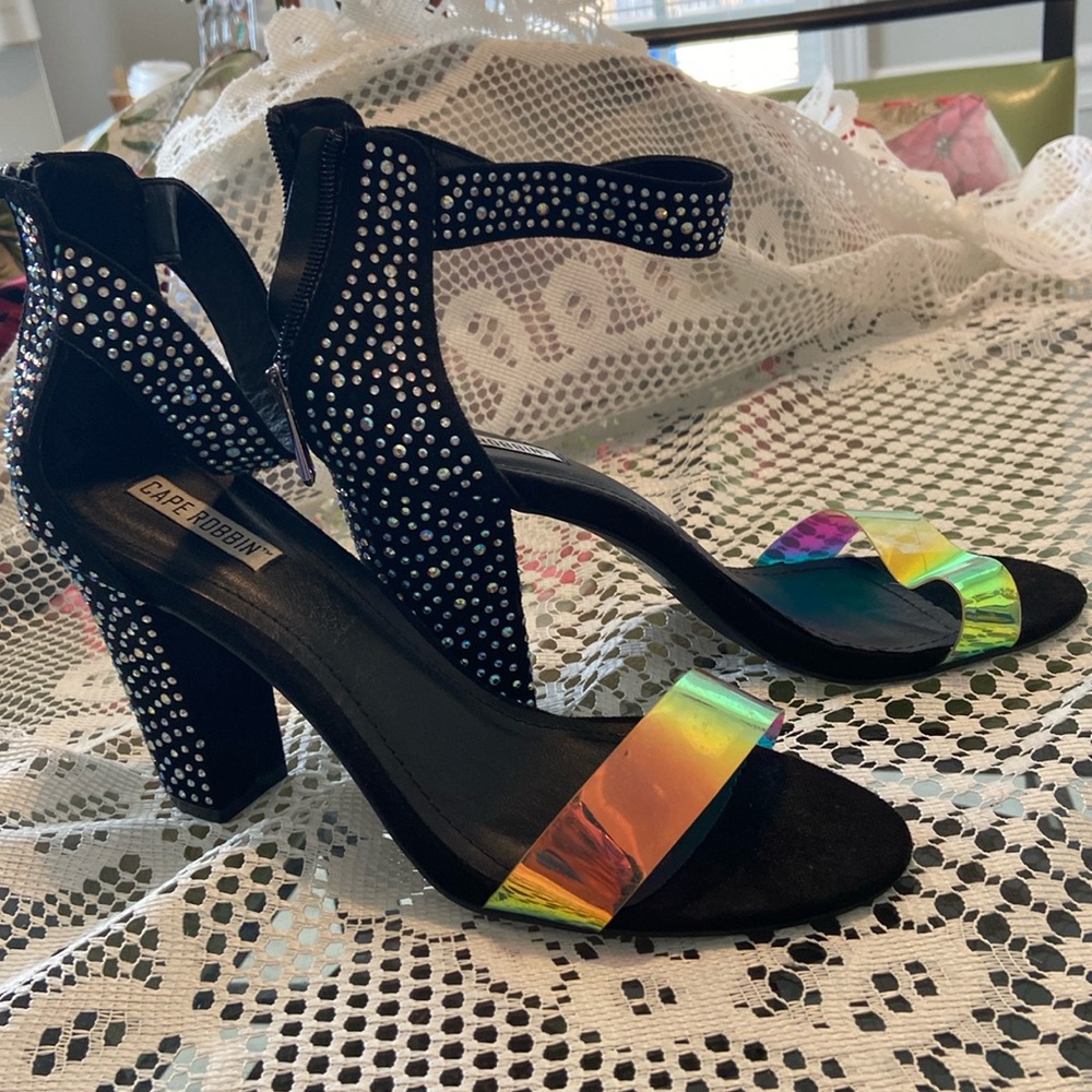 Never Worn Sparkly Rhinestone Black Block Heel Size 11